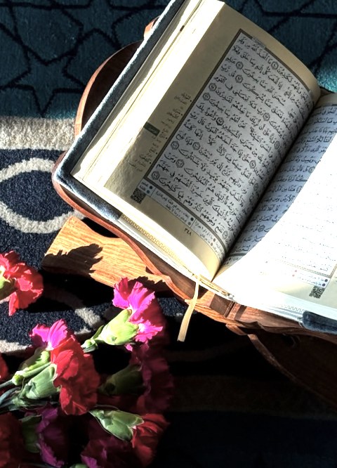 An open mushaf beside pink carnations